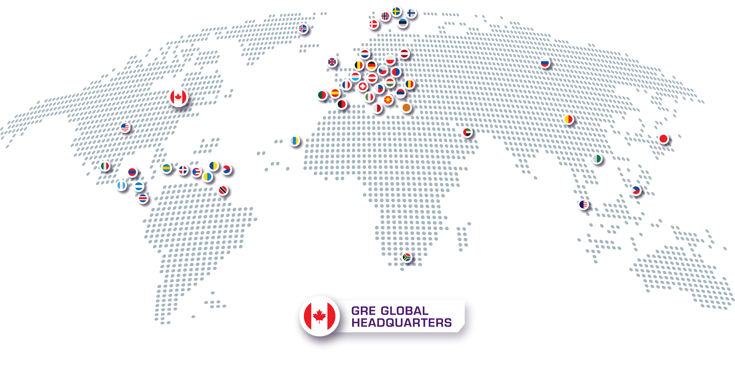 Map of the world with various countries highlighted showing where GRE distribution is, and where the Canadian headquarters are located