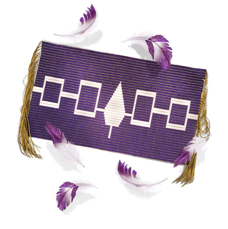 Purple Hiawatha Wampum Belt with feathers surrounding it